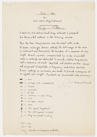 White page with black hand drawn symbols and handwritten text in English. Titled “Duo 1961” at top center below upper margin, followed by Patterson’s signature and one paragraph of text that covers one half of the page. Bottom half of page contains list of symbols and corresponding labels, some single words and others short phrases.