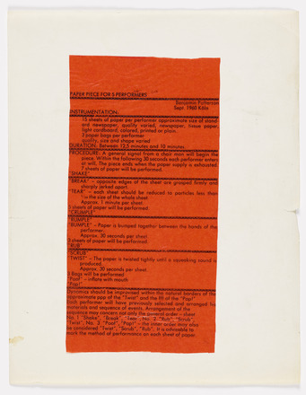 Vertical rectangular red page with printed text in English. Titled “Paper Piece for 5 Performers” at top left below large margin. The page is broken into seven sections by horizontal boarders, each with five to six lines of text instructions for performance. Many lines begin with transitive verbs such as “TEAR” and “RUMPLE.” Text runs the length of the page.