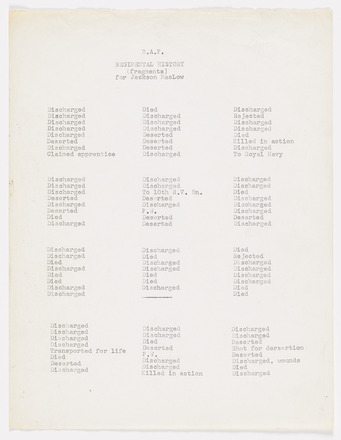 White page with black typewritten text in English titled “Regimental History (fragments) for Jackson MacLow” at top center below margin. Page contains twelve groupings (three across and four down) of seven lines each. Lines contain a single word or phrase, with the majority either “died” “discharged” or “deserted.” 