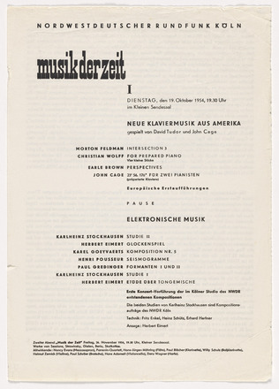 Verso of white page program with black text in German. Title at top left in large bold font reads “musik der zeit.” Majority of page bisected vertically at center, with composers on left and composition titles on right. Time, date, and location of the performance at top of text on right side of page.