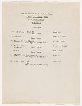 White page with black typewritten text. Top center features time, date, and location of the performance at the University of British Columbia, followed by a program of performances featuring titles, composers, and performers of seven pieces. Bottom half of page blank.