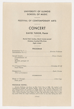 Recto of white page program with black text in English. Top half, in large sans serif typeface features time, date, and location of the performance. Bottom half contains program with composition titles and composers, followed by a small paragraph titled “Program notes.”
