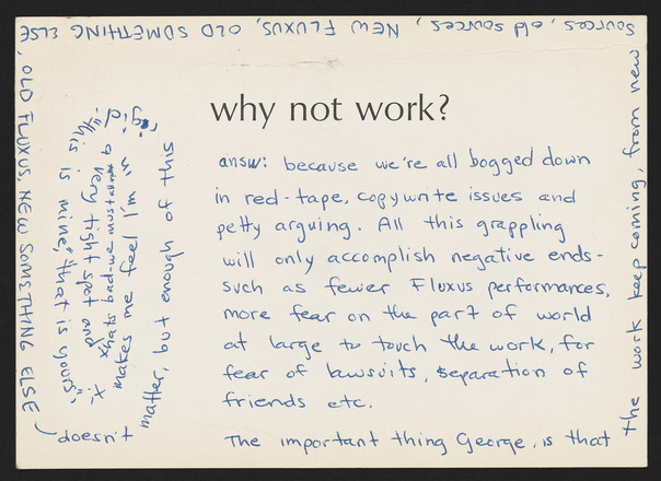 Verso, white postcard with “from Ample Food For Stupid Thought by Robert Filliou” in small black print at top left, black ink and color sticker stamps at top right, George Maciunas’ address at center right, and blue handwritten addressed to Maciunas at left.