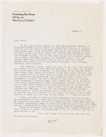 White page with three single-spaced paragraphs of black typewritten correspondence in English covering two-thirds of the page. Page contains Something Else Press header at top left, crossed out and replaced with “Alison Knowles” handwritten in pencil. “August 5” at right, below top margin. “Dear Jean” at left above body text. Signed “Alison” at bottom center.
