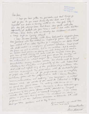 White page with one paragraph of handwritten correspondence in English covering entire page. Alison Knowles’s name and address at top left in blue ink stamp. “Dear Jean” at top left. Alison Knowles’s and Annea Lockwood’s signatures at bottom right.