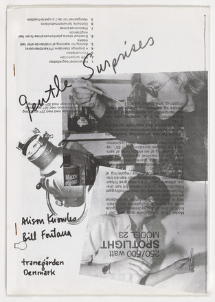 Cover of stapled white paper booklet with photocopied black and white collage. Page contains black print and photographs of spotlights, a woman blindfolded, a woman eating and handwritten text “gentle surprises” at top left and “Alison Knowles Bill Fontana” at bottom left.