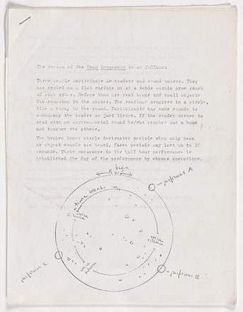 White paper with black typewritten text in English. “The design of the Bean Sequence is as follows” at left above text. Diagram with two concentric circles and handwritten labels on bottom half of page. Stapled at top left.