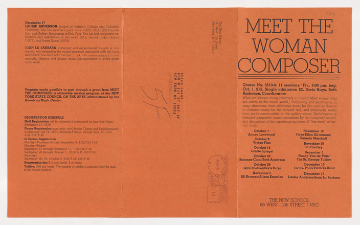 Vertical rectangular orange flyer with “Meet the Woman Composer” in large text on top third followed by paragraph of performance information and performance schedule on bottom two thirds. Alison Knowles and Jill Kroesen on 5 November.