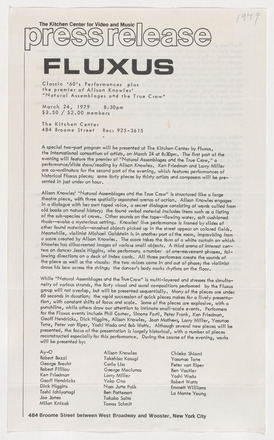 Printed page with large text at top reading “press release” and, below “Fluxus.” Page text details location, time, and price of the performance at The Kitchen, followed by paragraphs that detail the exhibition and participating artists. 