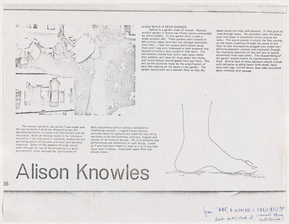 Black and white copy of book page with photograph of Knowles eating from a long serving spoon in top left, paragraph of text at top right, minimal line illustration of foot on bottom right, and “Alison Knowles” at bottom right in large print.