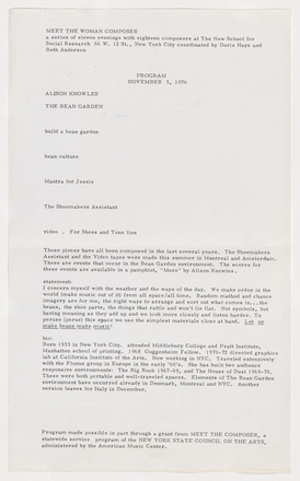 White page with black print in English. Top half contains information for “Meet The Woman Composer” series followed by program for 5 November. Bottom half contains three paragraphs: performance information, artist statement, and biography.