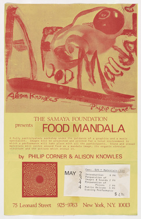 Vertical rectangular cream flyer with red print. Top half contains a monochromatic red photograph of a partially peeled apple with overpainted abstract lines. Bottom half contains “The Samaya Foundation presents Food Mandala” in large letters followed by performance information.