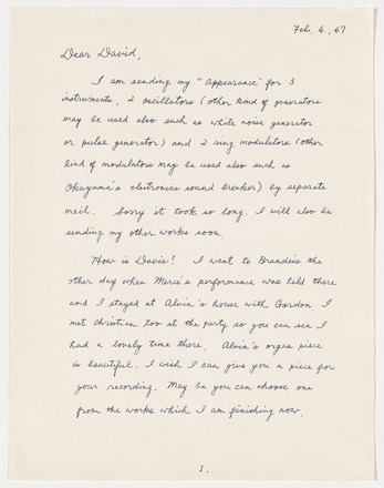 White page with black cursive script in English. “Feb. 4, 67” at top right and “Dear David” at top left below margin followed by three paragraphs of double-spaced text that run the length of the page. Wide margins. “1” at bottom center.