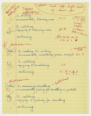 Yellow lined paper with black, red, and blue handwritten text in English. “7 Kinds of Sympathy” at center of top margin on first page. Pages contain list of sentences numbered in left margin. 