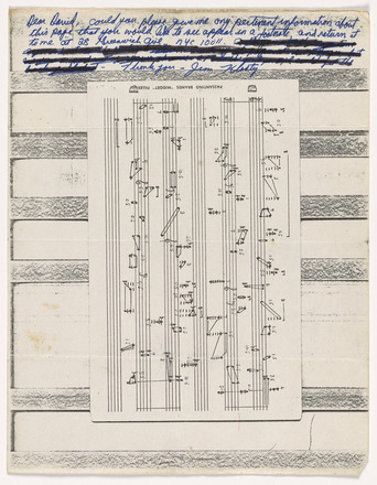 Photocopy of vertically oriented white page six horizontal staves and handwritten musical notation, and a handwritten note in top margin addressed to Tudor from Klosty.