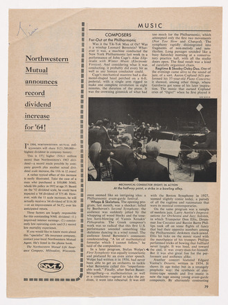 White page with black-and-white photocopy of magazine page with printed text in English. Right two-thirds of the page contain two text columns, titled “Music” above, that run the length of the page. Inserted into the center of the right text column is a landscape-oriented photograph of a stage filled with a performing orchestra, a prepared piano at the far right of the frame. Left third features text ad for Northwestern Mutual than runs the length of the page. Paginated 79 at bottom right. 