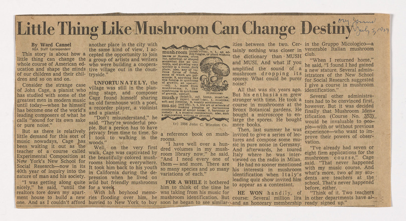Horizontal rectangular press clipping containing five columns of text titled “Little Think Like Mushroom Can Change Destiny” at top above all columns. Excerpt of dictionary entry for “mushroom” at top of third column.  