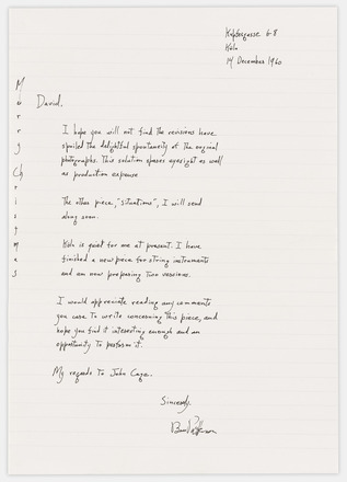 White lined notebook page with black handwritten correspondence in English. Addressed ““David”“ at left below margin followed by four short paragraphs that end just above the final quarter of the page. Signature at right below text. Address in top margin at right. Empty right margin is three quarters width of the page.  