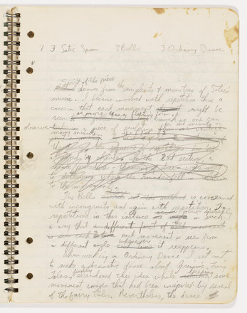 White page in spiral bound notebook with handwritten English language text in pencil with title at top center followed by two paragraphs with the first heavily stricken-through.