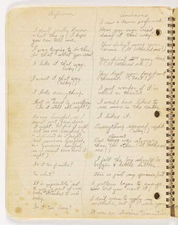 Lined page in spiral notebook divided into two columns labeled “Performer” at top left and “Audience” at top right, each containing several short English language sentences that span the length of the page.
