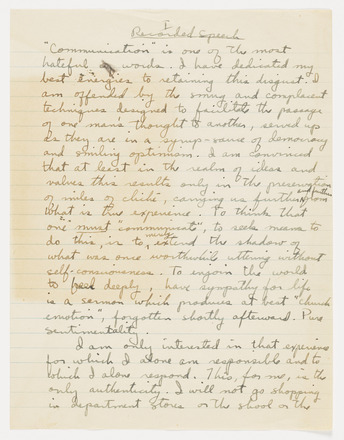 White lined notebook page covered with handwritten black cursive in English. “1 Recorded Speech” at center of top margin. 