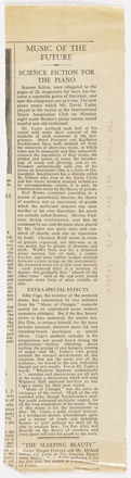 Vertical rectangular press clipping with one column of text in English. Title “Music of the Future” in large font above both columns of text. Below the title is the subtitle “Science Fiction for the Piano,” followed by two paragraphs, another subheading, “Extra-Special Effects,” and two more paragraphs.