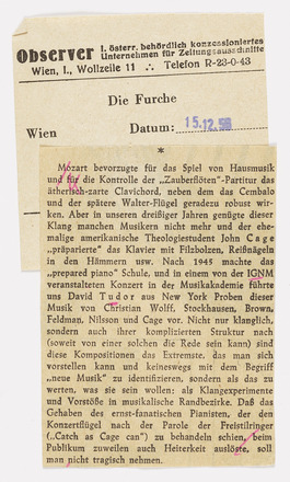 Horizontal rectangular press clipping with one column of text in German. Red pen annotation marks throughout.