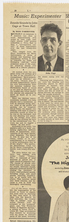 Vertical rectangular press clipping containing two columns of text in English. Left column runs just over the length of one page, with the right half the length of the left. Black-and-white headshot of a man with short hair and suit captioned “John Cage” at top of right column.