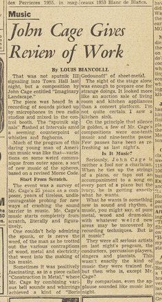 Vertical rectangular press clipping containing two columns of text in English. Titled “John Cage Gives Review of Work” in large italicized font above both columns.