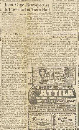 Vertical rectangular press clipping containing three columns of text in English. Titled, in large text, “John Cage Retrospective Is Presented at Town Hall” above leftmost two columns. Four text and illustration ads in right bottom corner of page, covering approximately one-third of the clipping.