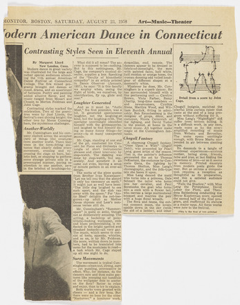 Clipping of almost one entire news page, with article titled “Modern American Dance in Connecticut” across four columns of text. Paragraphs in the first two columns address Cunningham and Cage. Printed Cage score at top of rightmost column features amorphous curving shape made from a connected line running atop a grand staff.