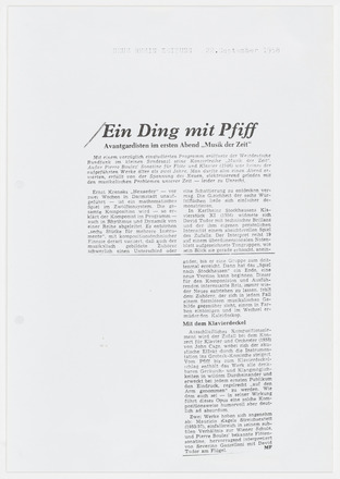 Photocopy of press clipping containing two columns of text in German on white page. Title “Ein Ding mit Pfiff” across top of both columns in bold font. Photocopy covers half of the page.