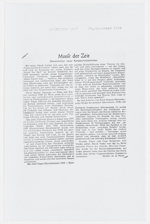 Photocopy of press clipping containing two columns of text in German on white page. Title “Musik der Zeit” above columns at top center. Photocopy covers three-quarters of the page.