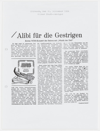 Photocopy of press clipping containing three columns of text in German on white page. Title “Alibi für die Gestrigen” above columns at top center. Black-and-white illustrated ad at center of leftmost column. Photocopy covers half of the page.