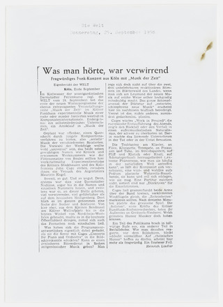 Photocopy of press clipping containing two columns of text in German on white page. Title “Was man hörte, war verwirrend” across top of both columns. Photocopy covers half of the page.