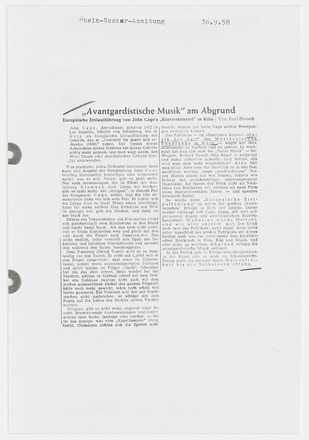 Photocopy of press clipping containing two columns of text in German on white page. Title “Avantgardistiche Musik am Abgrund” across top of both columns. A few lines underlined in second column. Photocopy covers half of the page.
