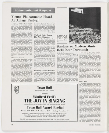 Black-and-white magazine page containing four columns of text. Article in right two columns titled “Sessions on Modern Music Held Near Darmstadt.” 