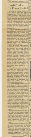 Broadsheet containing mostly text columns and one large illustrated ad at bottom right. Article titled “David Tudor Piano Recital” in leftmost column, beginning just above the fold and running the length of one page.