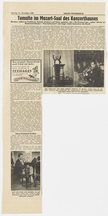 Press clipping containing three columns of text in German. Title “Tumulte im Mozard-Sall des Konzerthauses” at top above columns. First column twice as long as second and third. Three photos: one at bottom of first column showing seated violinist, one at bottom of second column showing conductor on stage with hands raised overhead, and one below third column of violinist sitting among indoor crowd while playing.