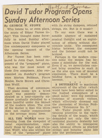 Vertical rectangular press clipping, with two columns completely filled with text in English. Title “David Tudor Program Opens Sunday Afternoon Series” in large, bold font above both columns of text. All text in clipping part of the Tudor article.