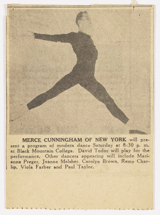 Vertical rectangular press clipping. Top half contains a black-and-white photograph of a male dancer in black tights and long-sleeve shirt, mid-leap and pictured from the side. Bottom half of clipping contains short paragraph of printed text in English advertising a Merce Cunningham performance at Black Mountain College.