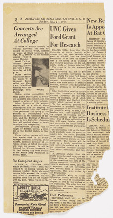 Vertical rectangular press clipping of two and a half columns of text, with the rightmost column half cut off. Leftmost column contains an article with six paragraphs titled “Concerts Are Arranged at College” in bold, italicized font. Black-and-white photograph of a man’s face in profile embedded toward the top of the column captioned “Wolpe.”