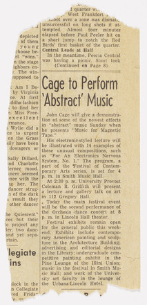 Press clipping of one four-paragraph article in English. “Cage to Perform ‘Abstract’ Music” at top of text column in large, bold font. Jagged, ripped edges on all but right side of page.