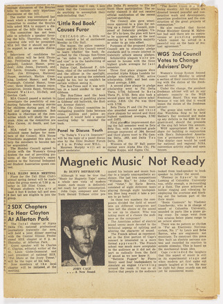 Horizontal rectangular press clipping the width of three columns completely filled with text in English. Title “‘Magnetic Music’ Not Ready” in large, bold sans serif typeface above all columns of text. Black-and-white photograph of a man with short hair at bottom of first column and captioned “John Cage . . . A New Sound.” All text in clipping is part of the article.
