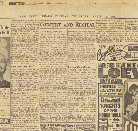 Portion of newspaper sheet unfolded to show “Concert and Recital” section featuring an article titled “David Tudor, Pianist” containing three paragraphs of text spanning two columns.