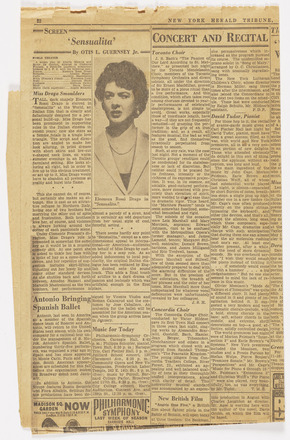 Newspaper sheet from the *New York Herald Tribune* with “Concert and Recital” section, at the top and just left of center, featuring an article titled “David Tudor, Pianist” in one page-length column.