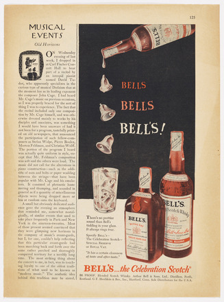 Magazine page with one column of text on left third of page titled “Musical Events: Old Horizons” at top. Right two-thirds contain color ad for Bell’s scotch, featuring illustration of scotch pouring bell-shaped drops into a glass. Paginated 125 at top right.