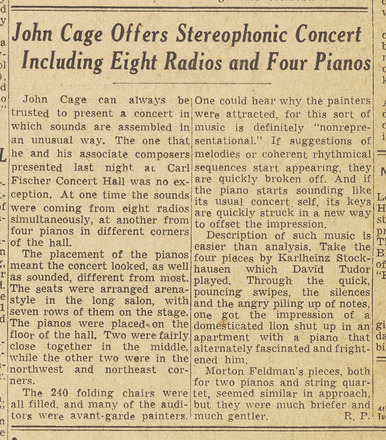 Vertical rectangular press clipping two columns wide, with five paragraphs of text in English. Title “John Cage Offers Stereophonic Concert Including Eight Radios and Four Pianos” in large, italicized font above both columns of text. All text in clipping is part of the Cage article.