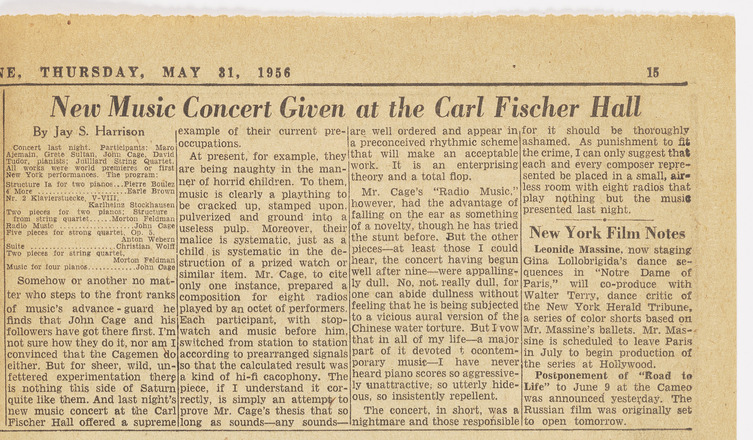 Horizontal rectangular press clipping four columns wide, with four paragraphs of text in English. Title “New Music Concert Given at the Carl Fischer Hall” in large, italicized font above all columns of text. Top of first column contains participants, composers, and compositions performed.