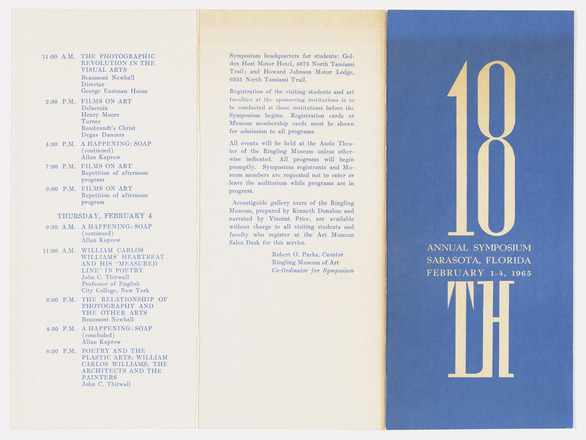 Trifold, vertically oriented symposium brochure of blue ink, serifed font printed on white paper.